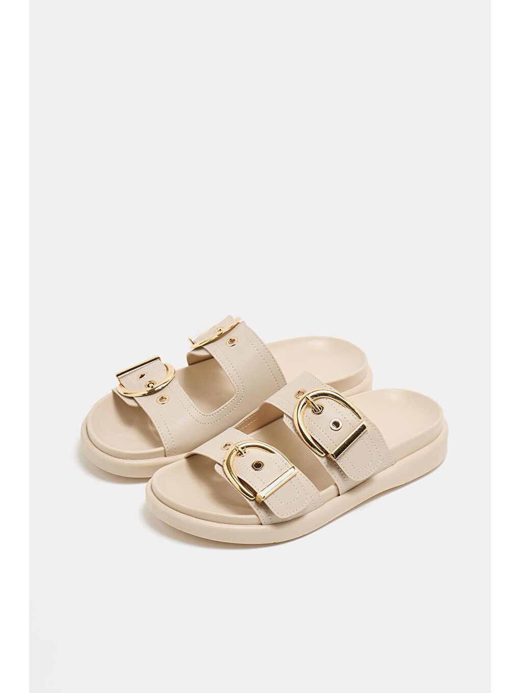 Ekru Çift Tokalı Günlük Terlik Krem-2