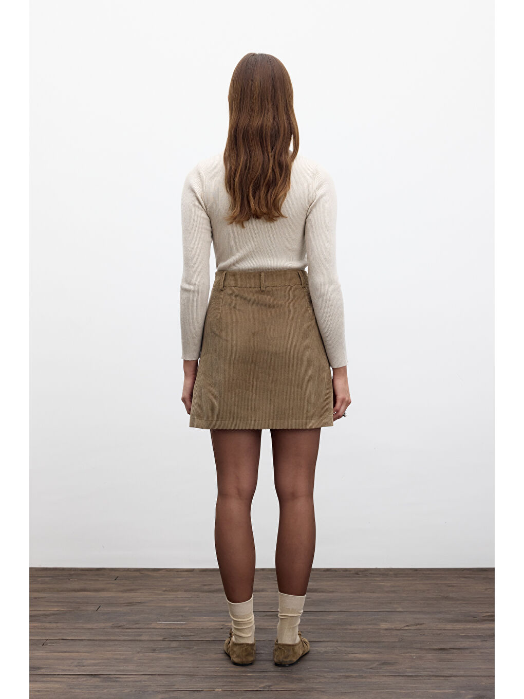 Kahverengi Fitilli Kadife Mini Etek Camel-6