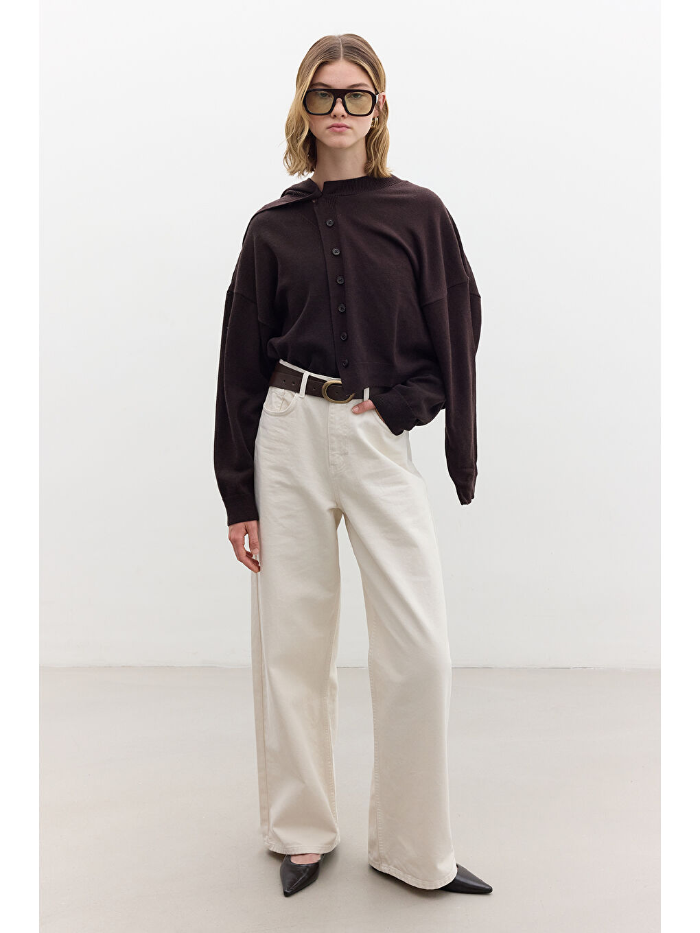 Yumuşak Dokulu Oversize Triko Hırka Kahverengi-1