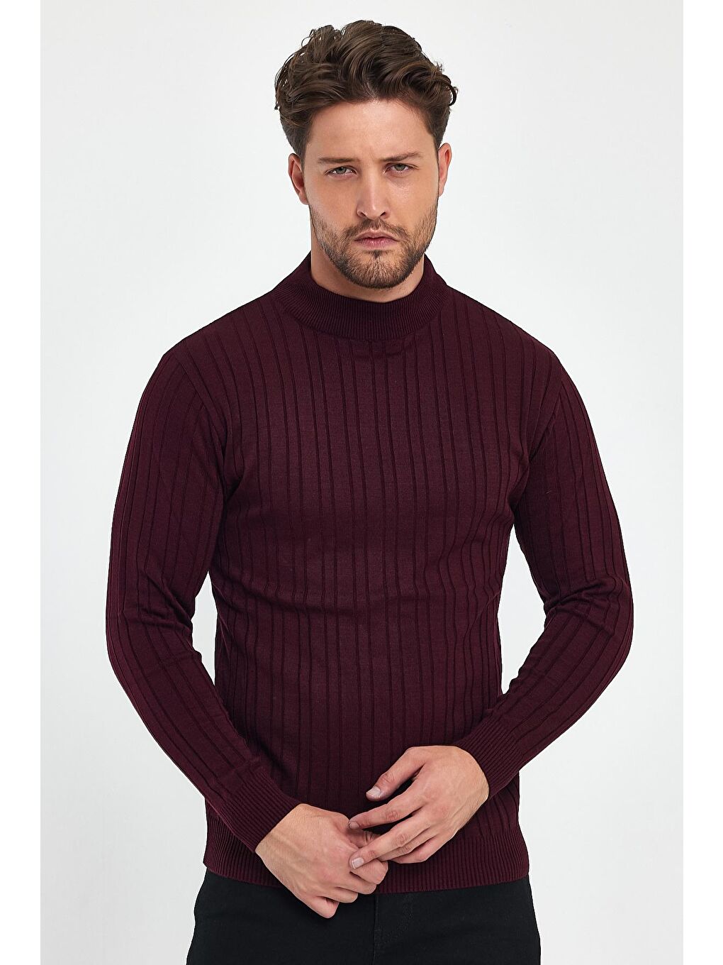 Bordo Balıkçı Uzun Kol Erkek Kazak