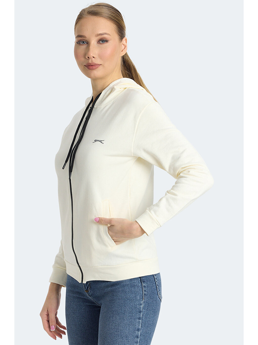 KINET IN Kadın Fermuarlı Kapüşonlu Cepli Ekru Sweatshırt-2