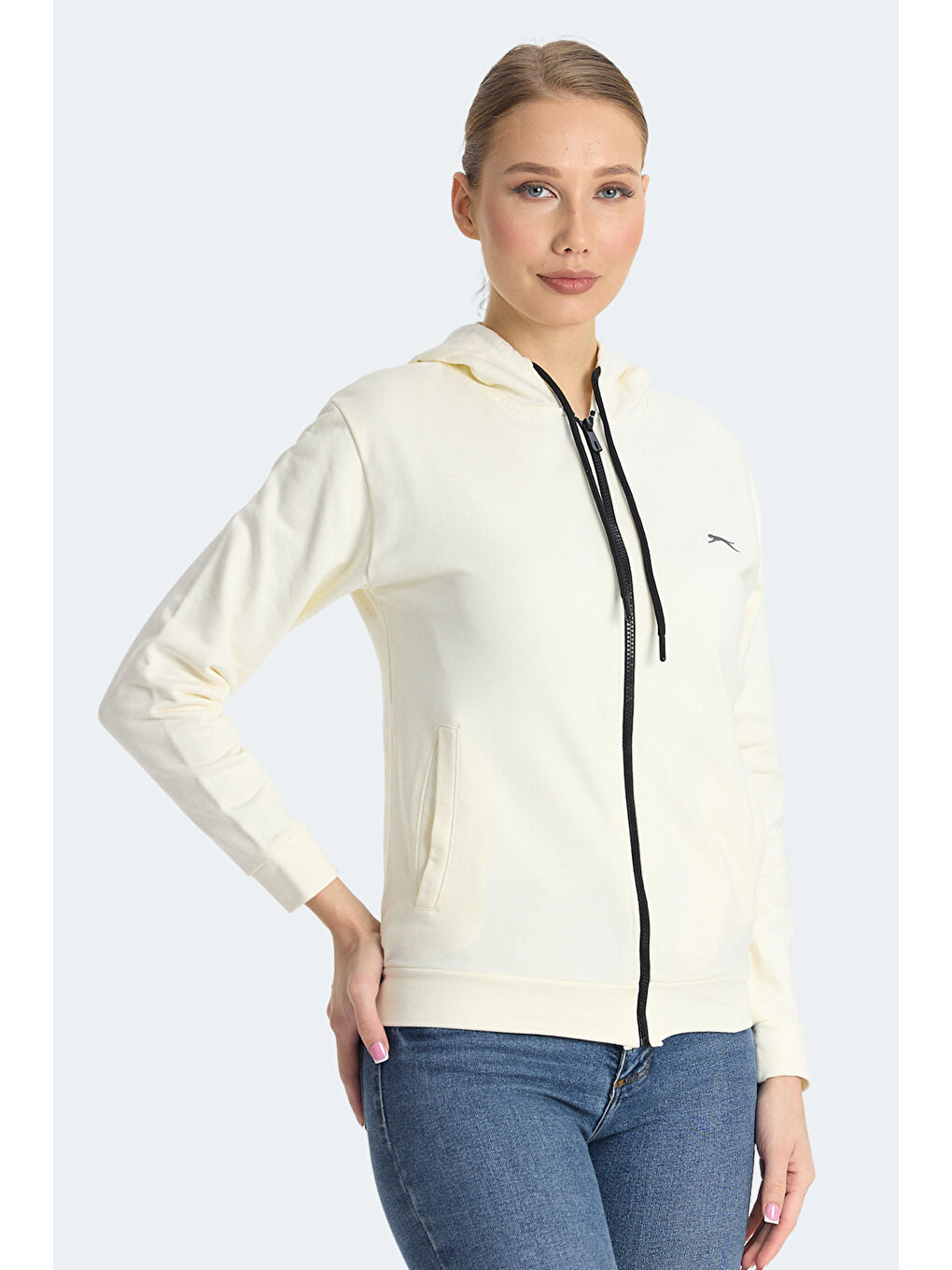KINET IN Kadın Fermuarlı Kapüşonlu Cepli Ekru Sweatshırt-3