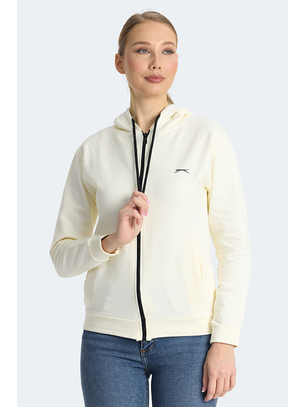 KINET IN Kadın Fermuarlı Kapüşonlu Cepli Ekru Sweatshırt-5