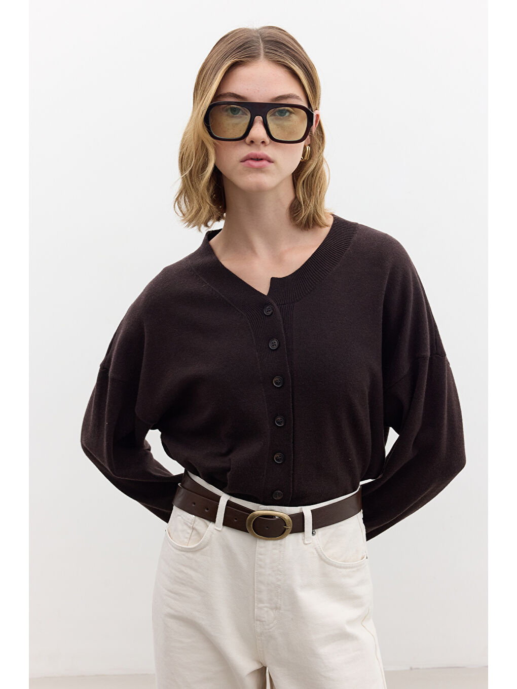 Yumuşak Dokulu Oversize Triko Hırka Kahverengi-2