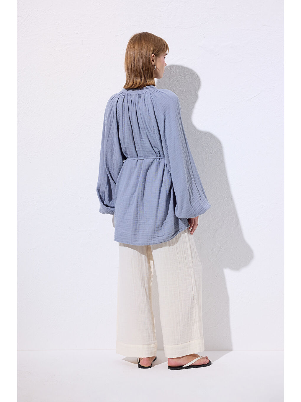 Müslin Bağlamalı Bluz Mavi-5