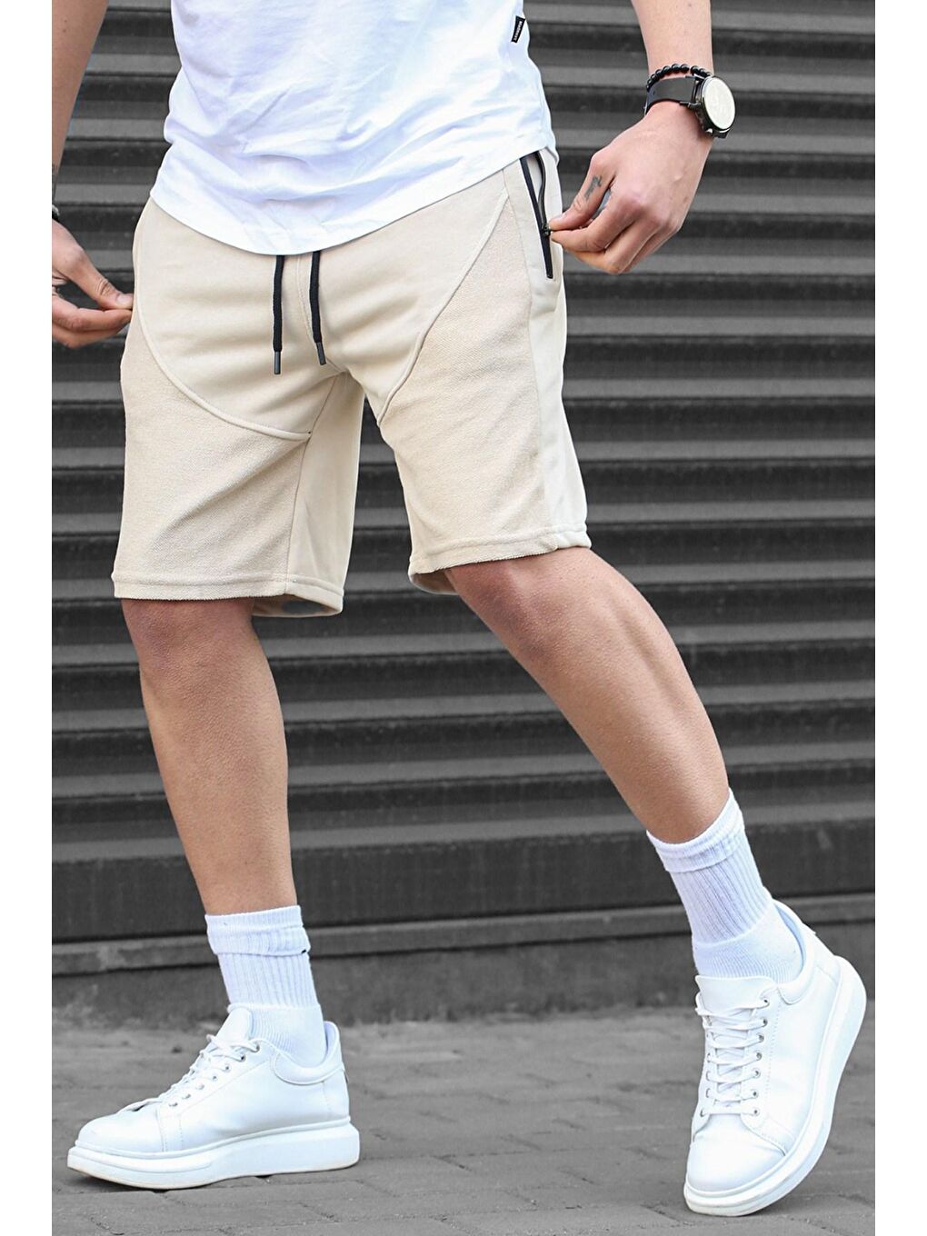 Bej Erkek Basic Kapri Şort-1