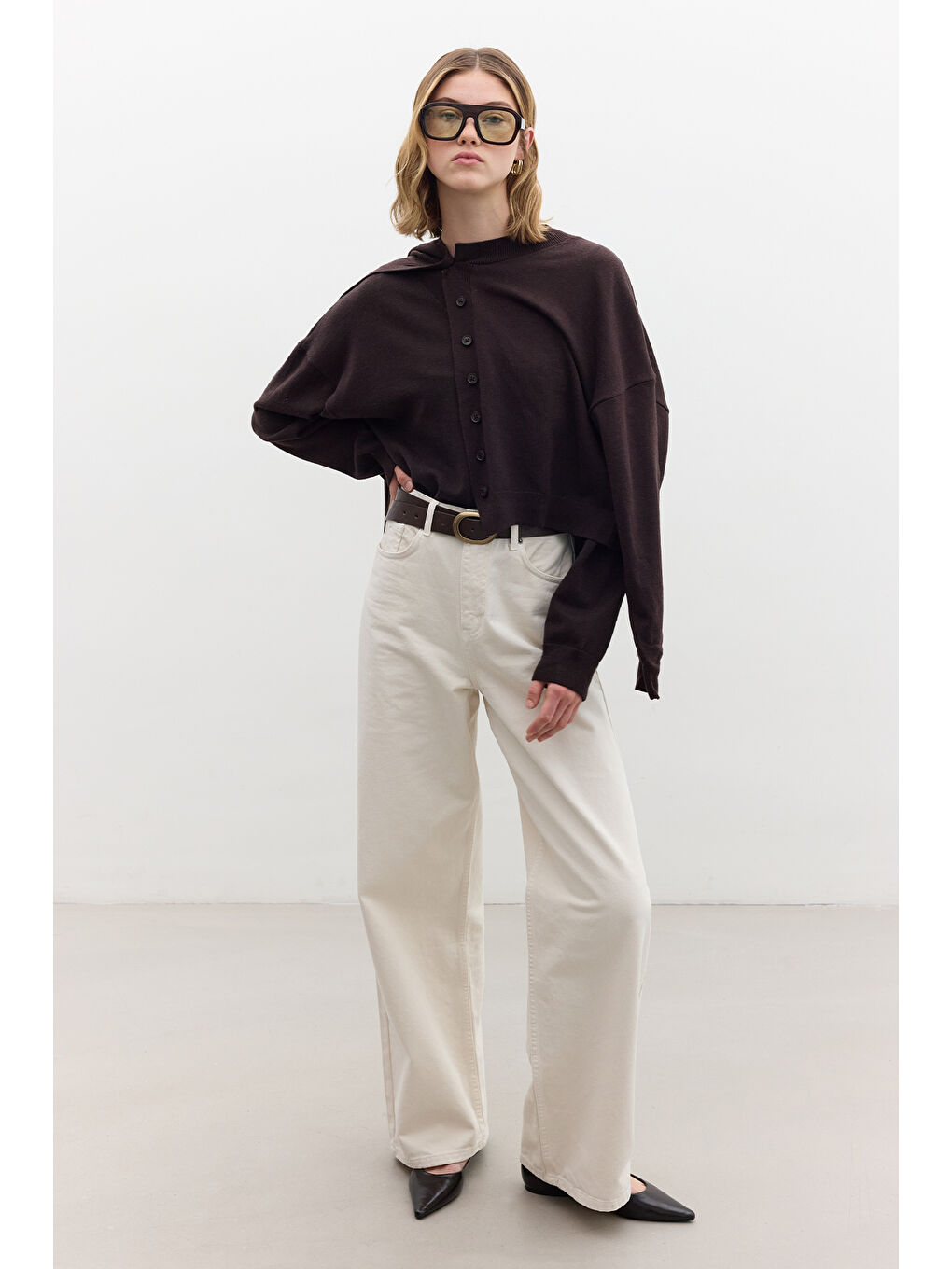 Yumuşak Dokulu Oversize Triko Hırka Kahverengi-3