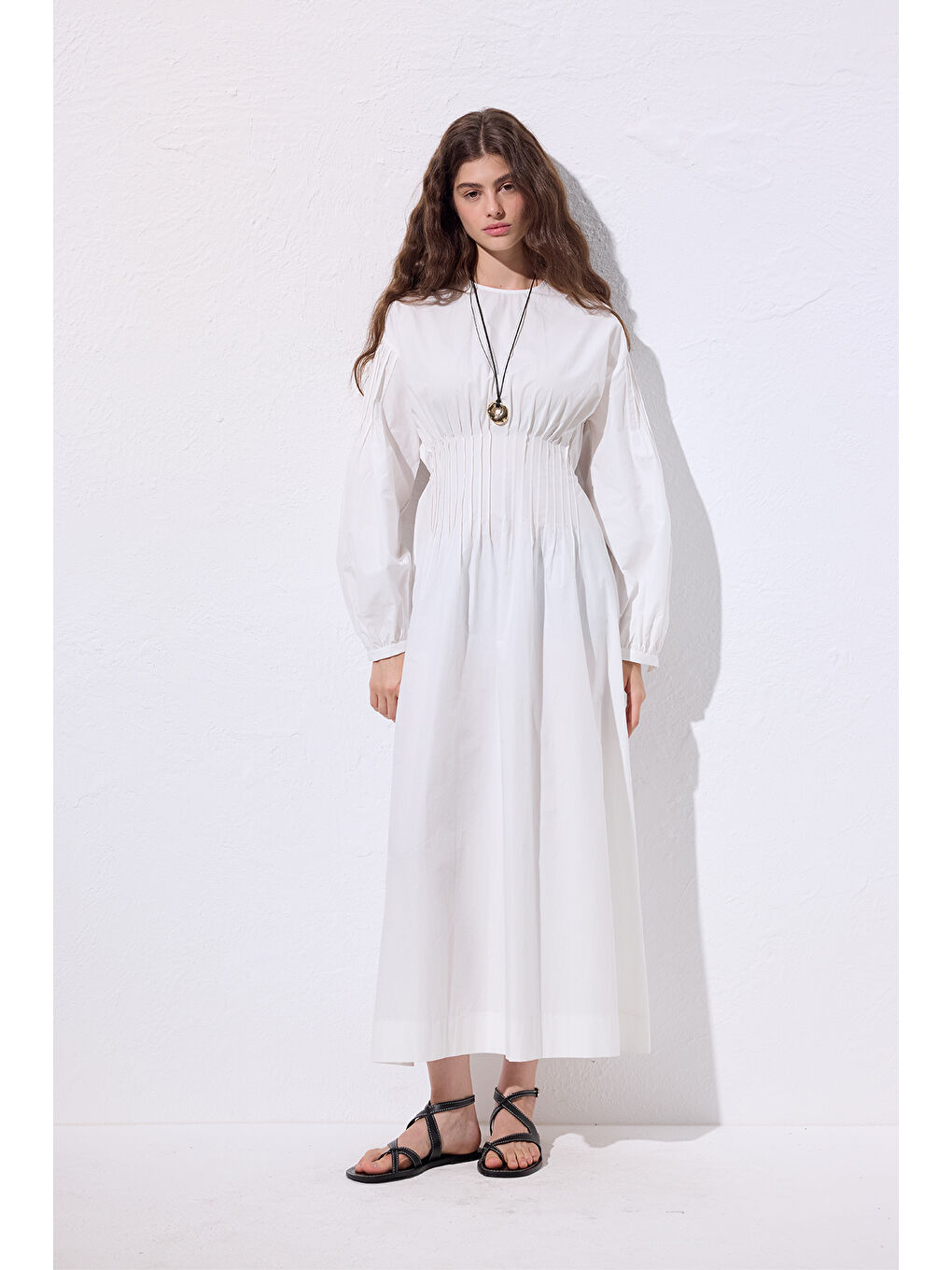 Beli Pile Detaylı Elbise Ekru-1