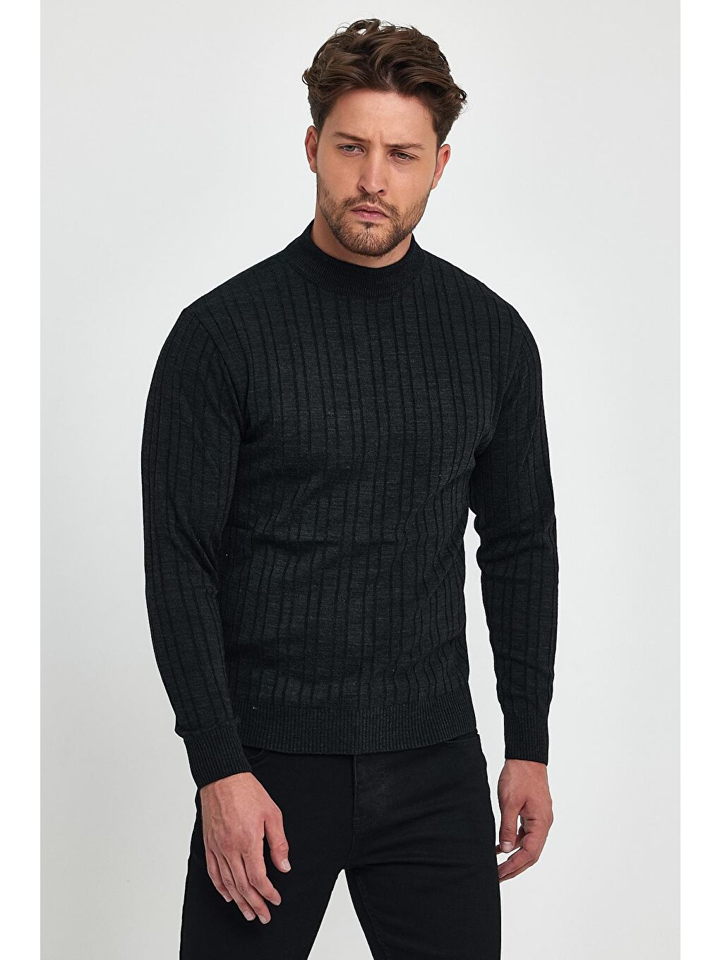 Siyah Balıkçı Uzun Kol Erkek Kazak-3