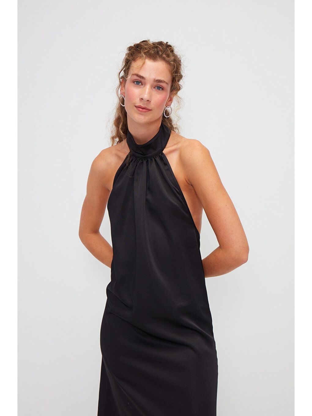 Siyah Düz İpek Saten Davet Elbisesi-1