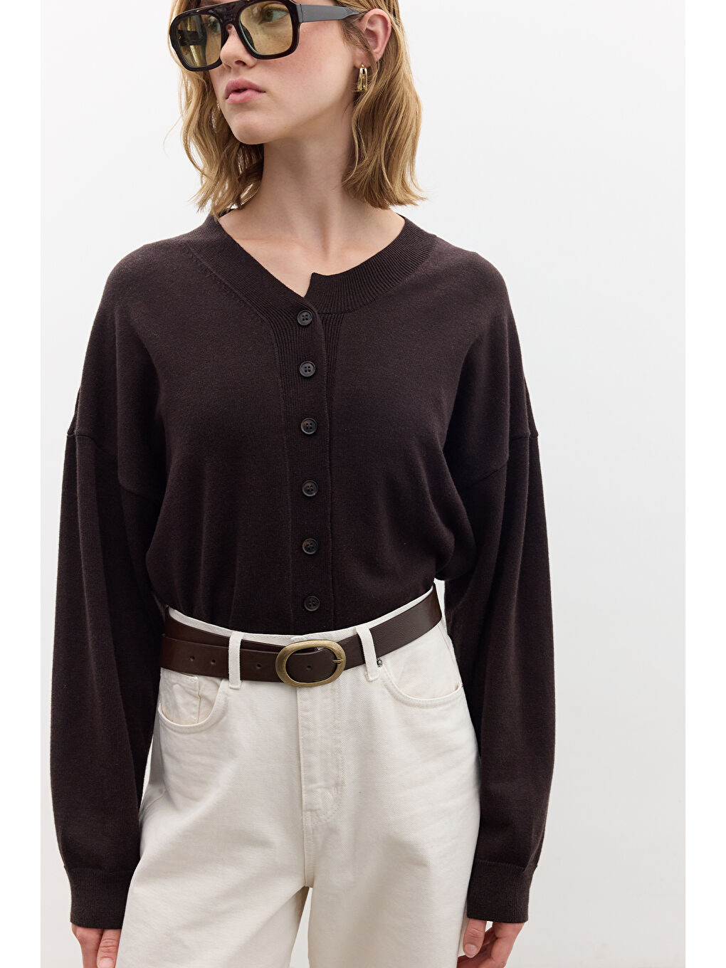 Yumuşak Dokulu Oversize Triko Hırka Kahverengi-5