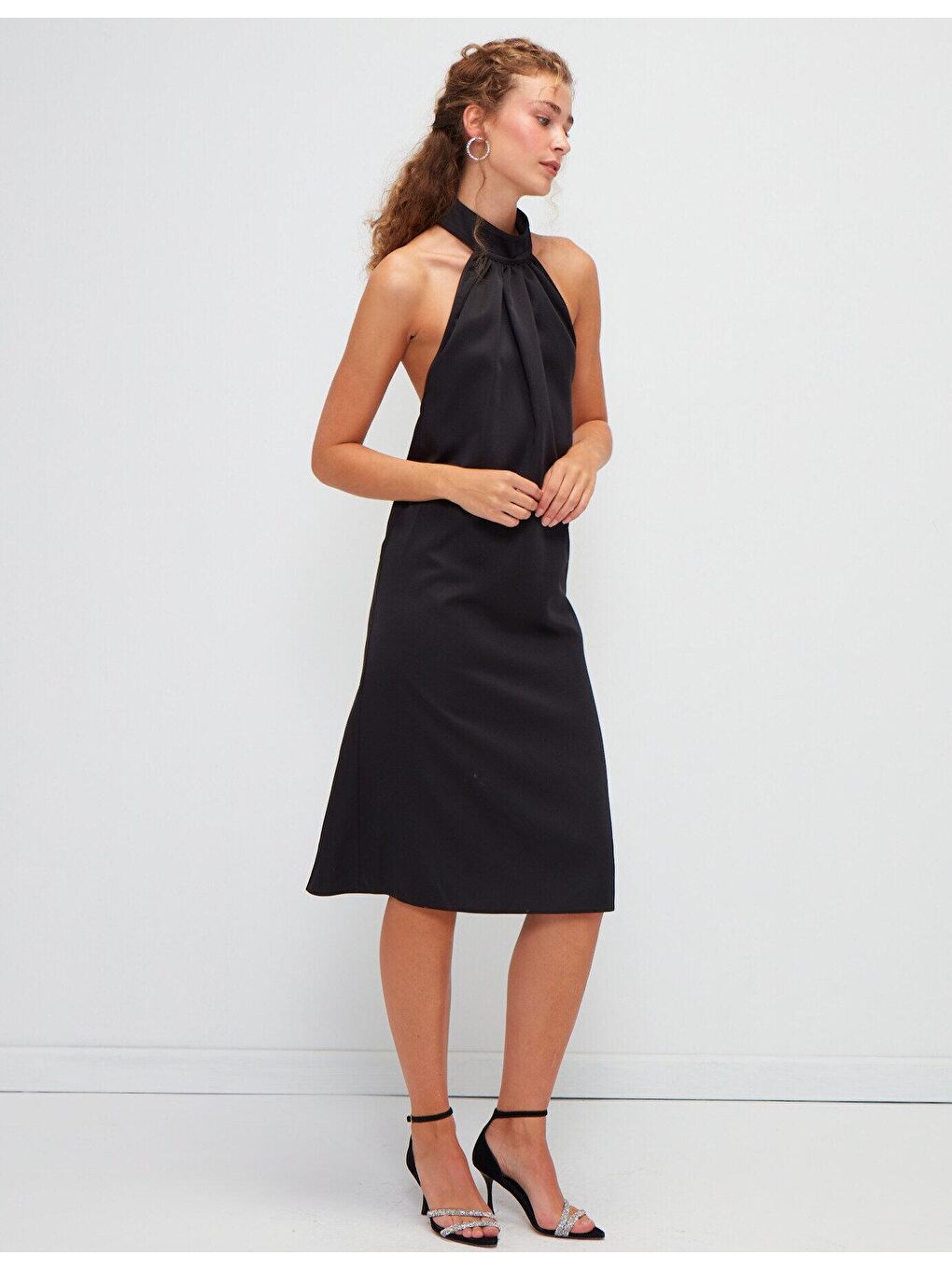 Siyah Düz İpek Saten Davet Elbisesi-3