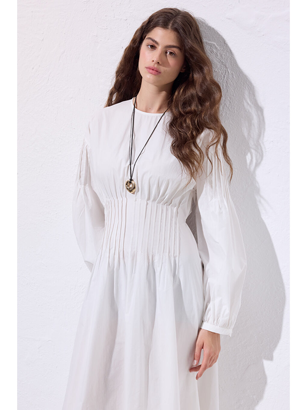 Beli Pile Detaylı Elbise Ekru-3