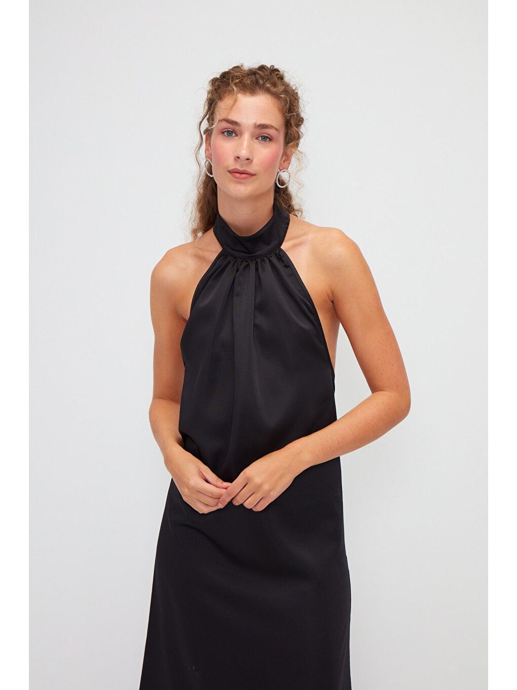 Siyah Düz İpek Saten Davet Elbisesi-4