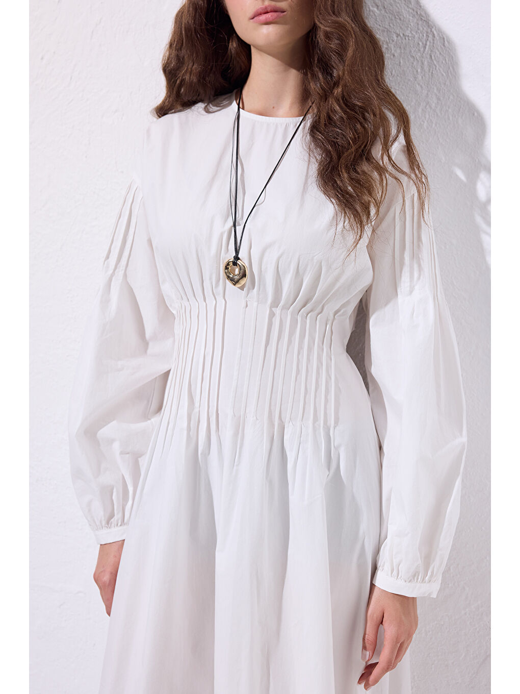 Beli Pile Detaylı Elbise Ekru-5