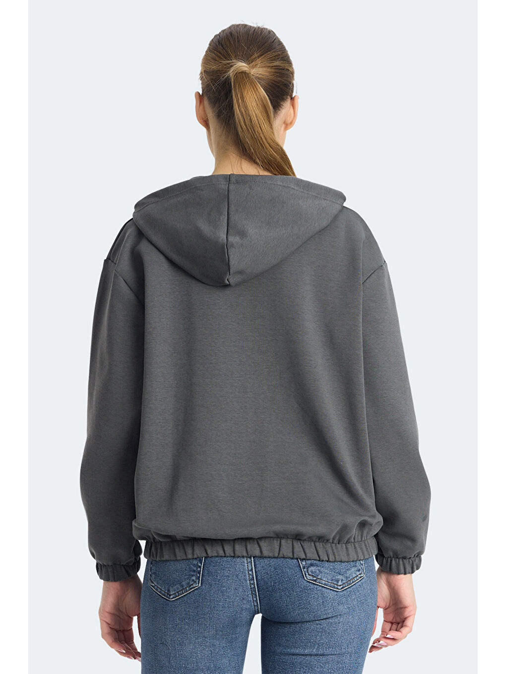 KIMBERLEY IN Kadın Fermuarlı Kapüşonlu Cepli Koyu Gri Sweatshırt-1