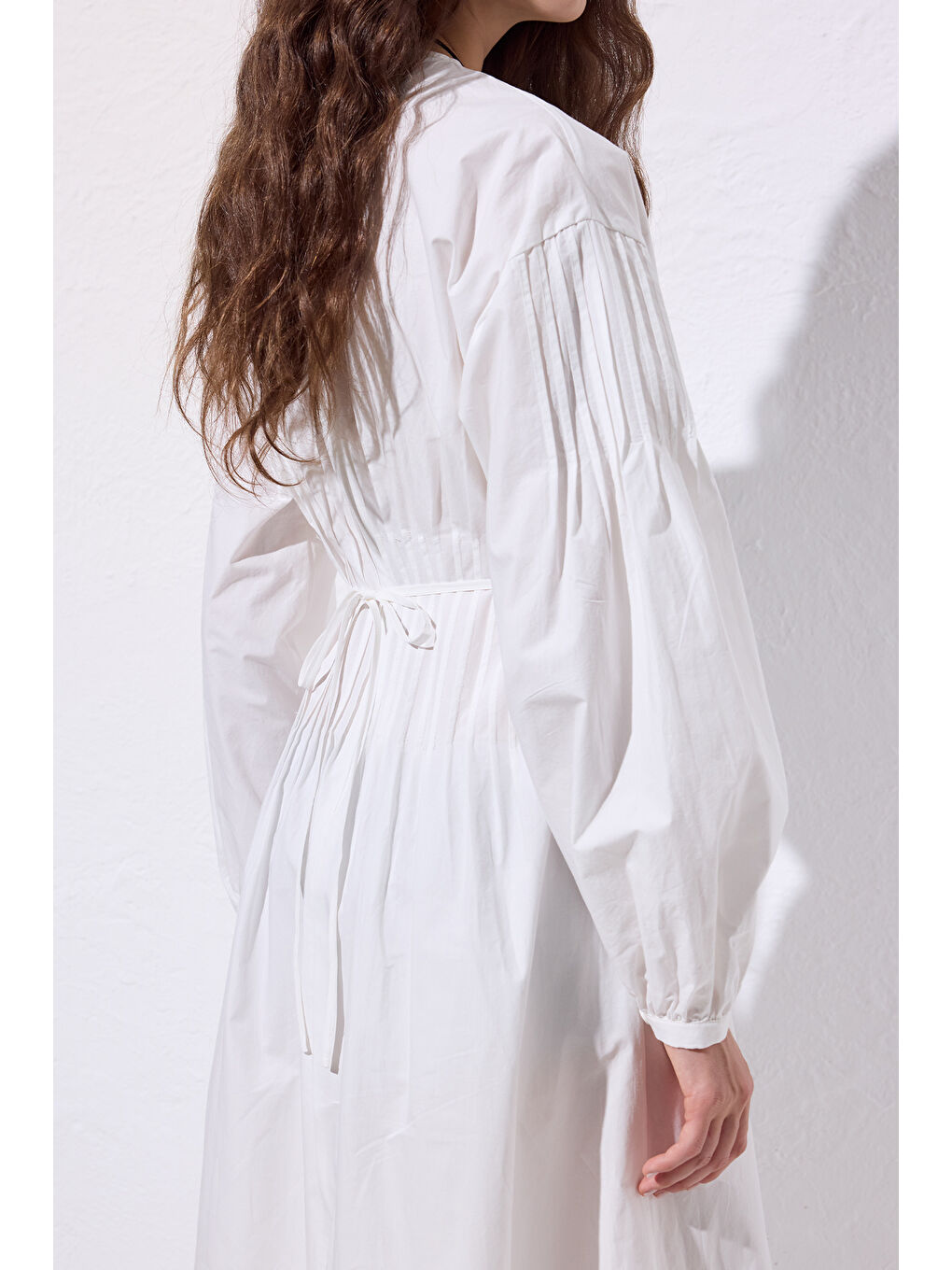 Beli Pile Detaylı Elbise Ekru-6