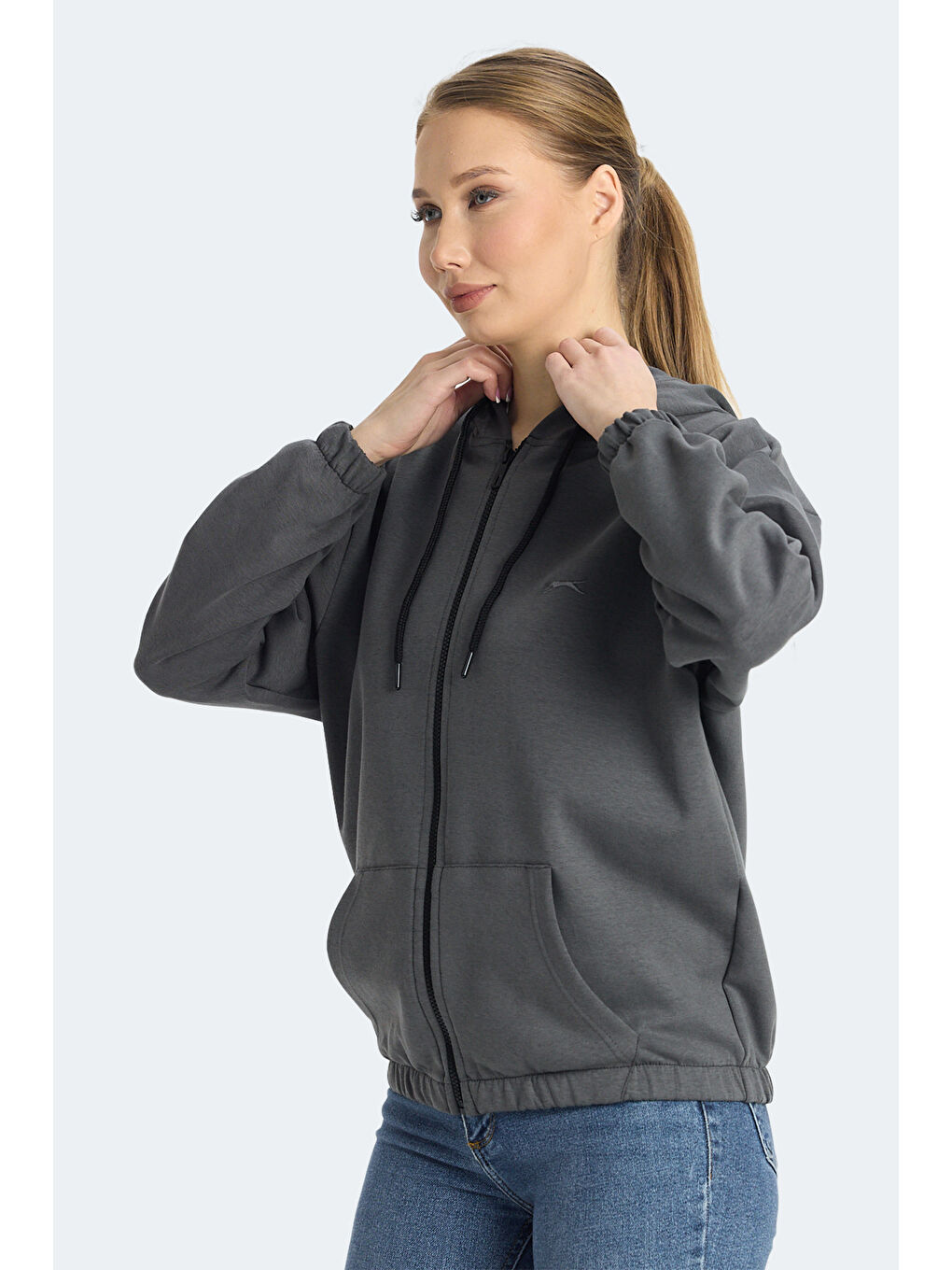 KIMBERLEY IN Kadın Fermuarlı Kapüşonlu Cepli Koyu Gri Sweatshırt-2
