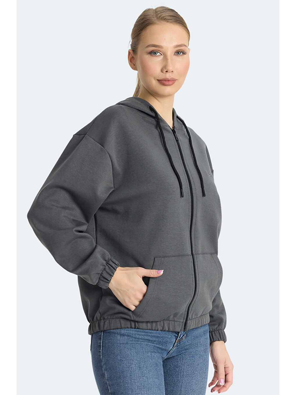 KIMBERLEY IN Kadın Fermuarlı Kapüşonlu Cepli Koyu Gri Sweatshırt-3
