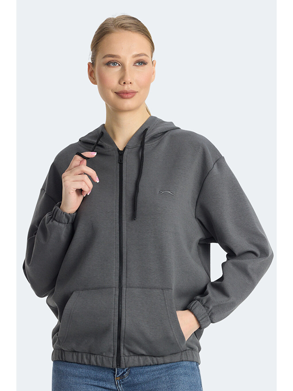 KIMBERLEY IN Kadın Fermuarlı Kapüşonlu Cepli Koyu Gri Sweatshırt-5