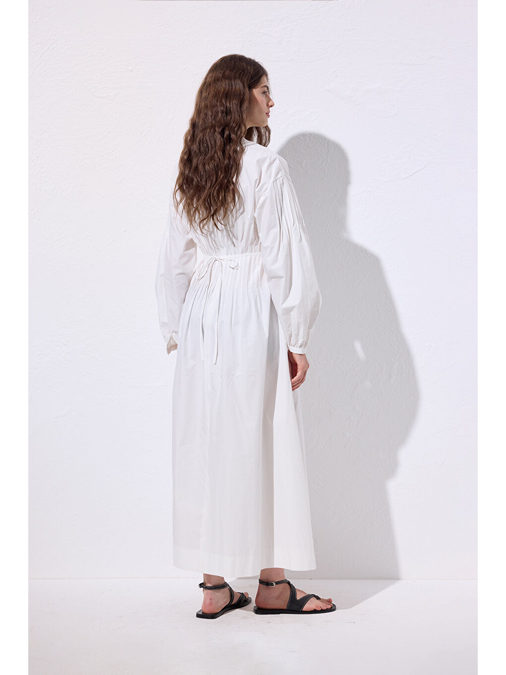 Beli Pile Detaylı Elbise Ekru-7