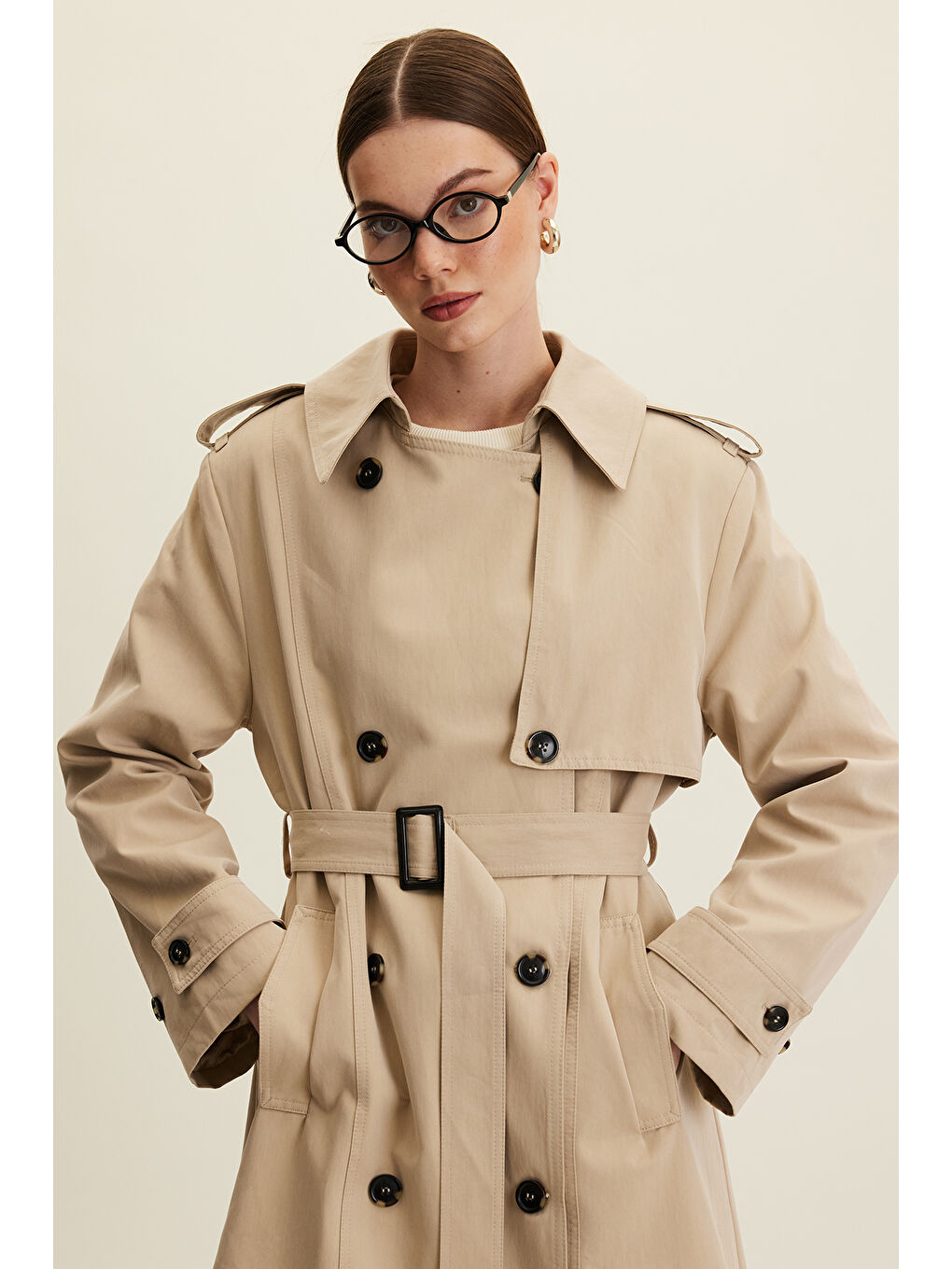 Bej Anıka Kruvaze Kemerli Trençkot Taş-2