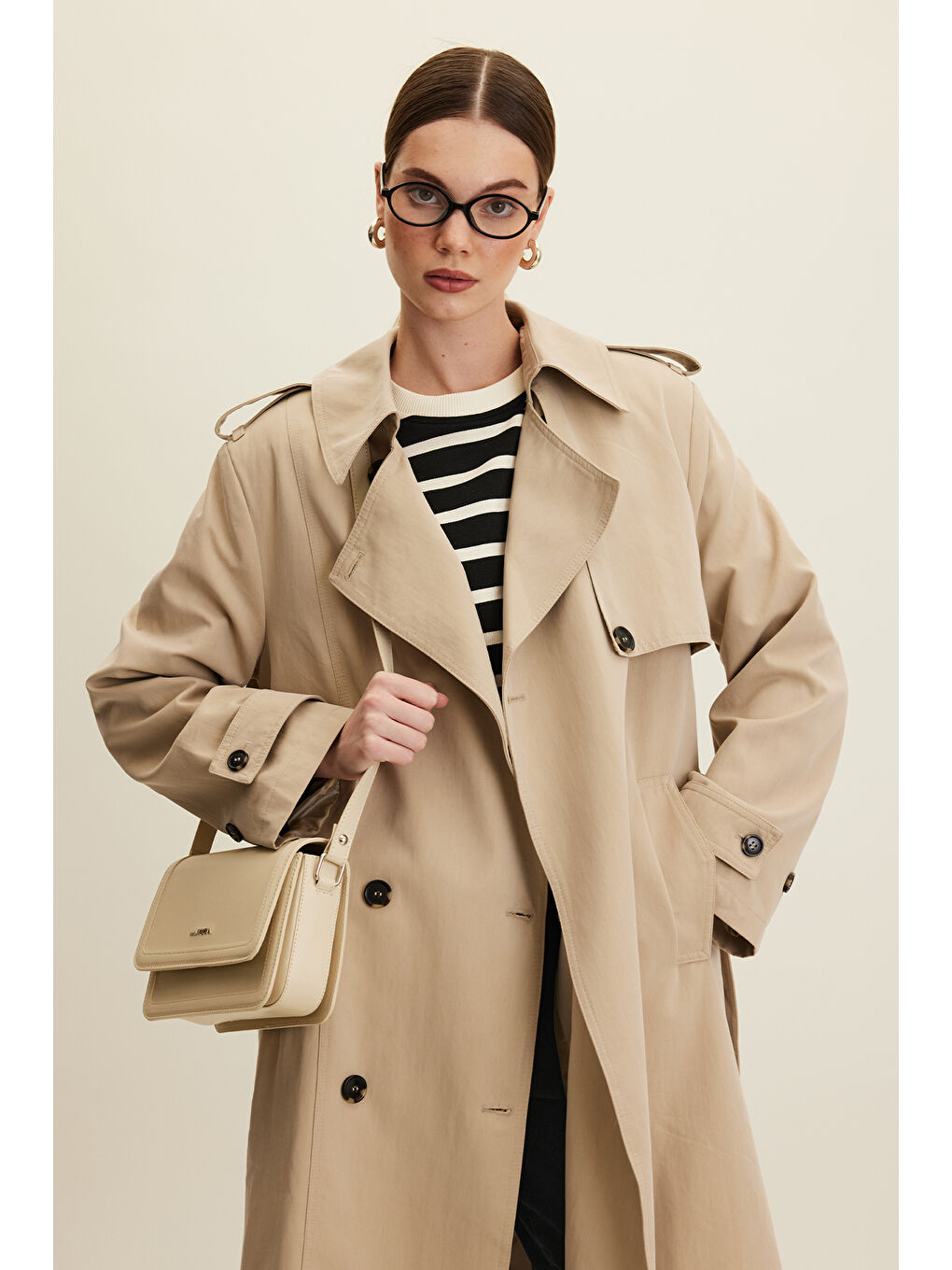 Bej Anıka Kruvaze Kemerli Trençkot Taş-3