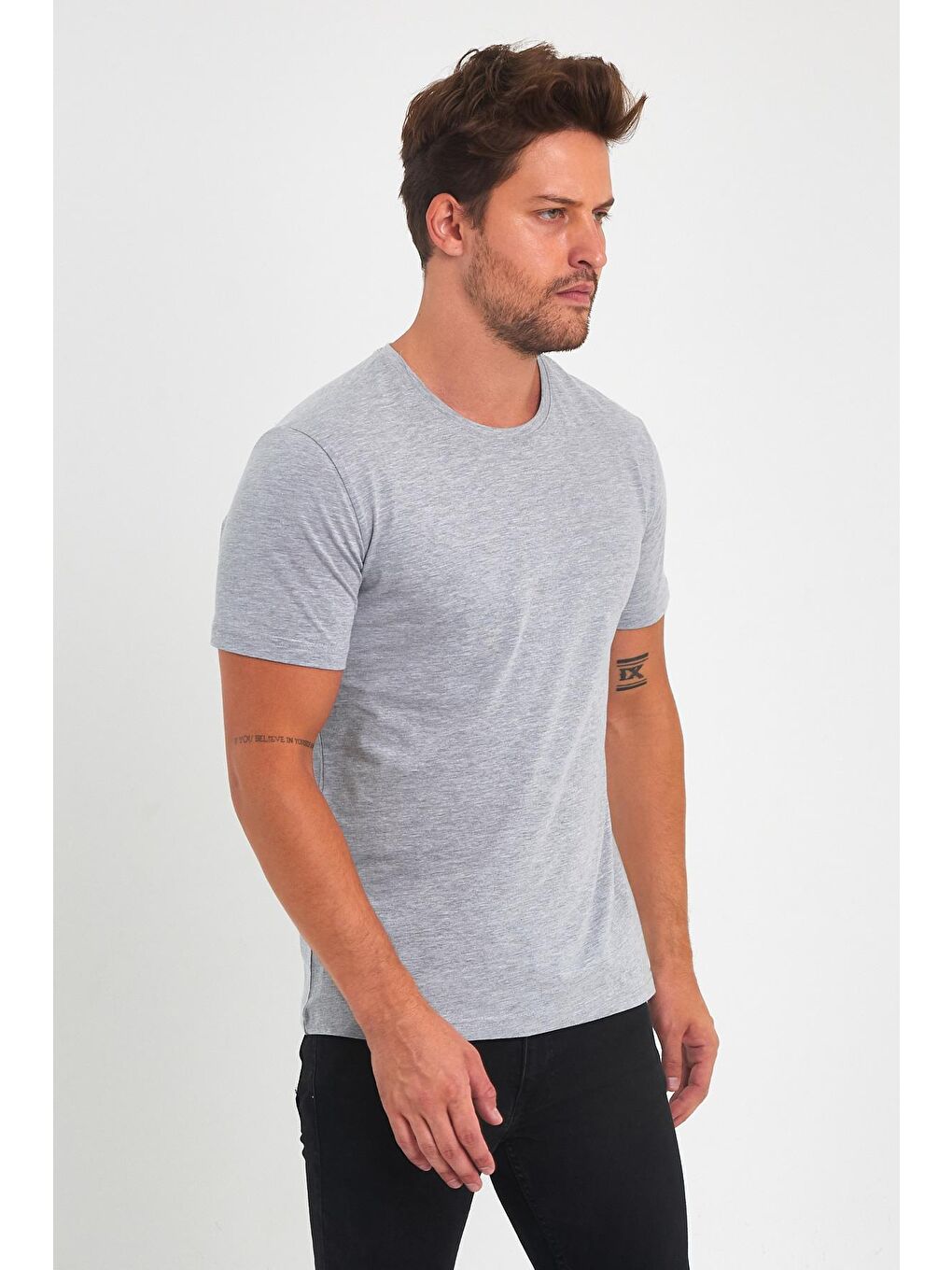 Gri 30/1 Süprem Bisiklet Yaka  Erkek Tişört-2