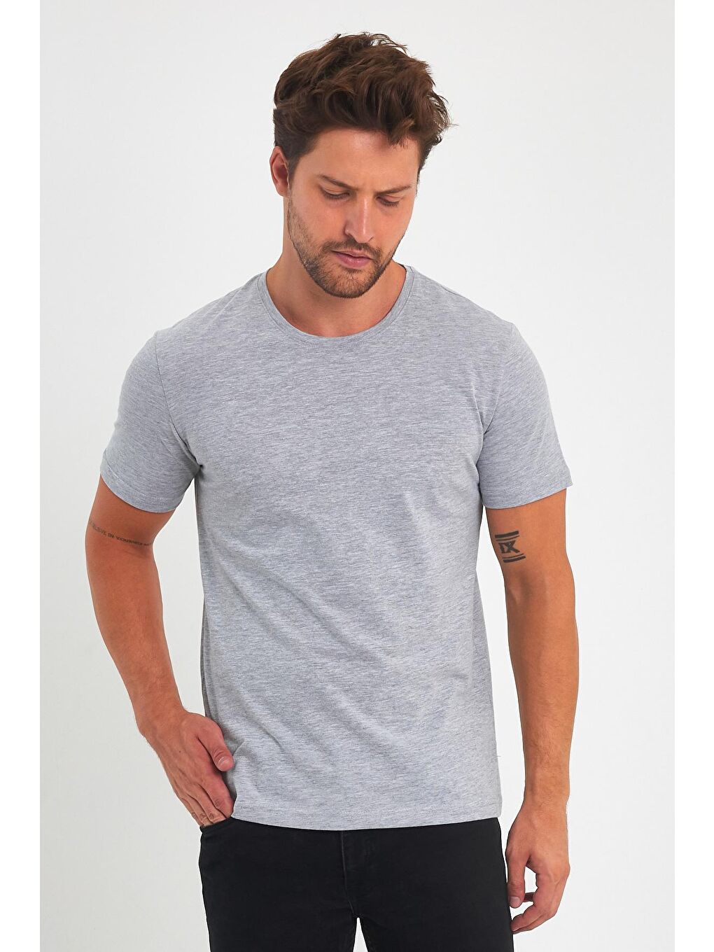 Gri 30/1 Süprem Bisiklet Yaka  Erkek Tişört-3