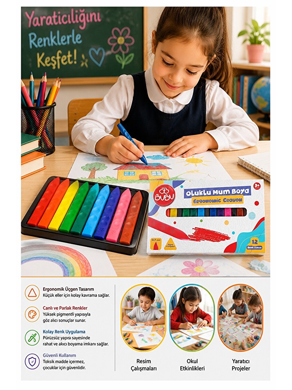 Oluklu Mum Boya 12 Li 1 Paket Bubu 12 Renk Mumboya Elleri Kirletmeyen Yıkanabilir Silinebilir Karton-2