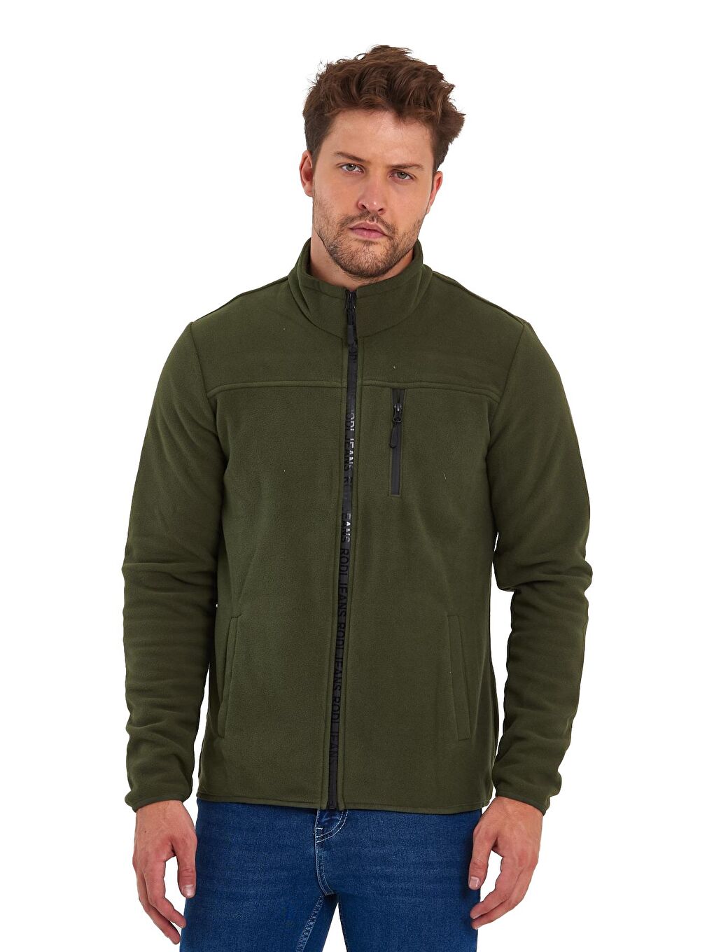 Haki Mikro Polar Dik Yaka  Erkek Fermuarlı Sweatshirt Hırka