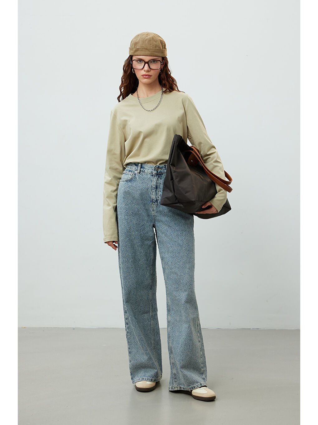 Bej Uzun Kol Fit Pamuklu Tshırt Taş-1