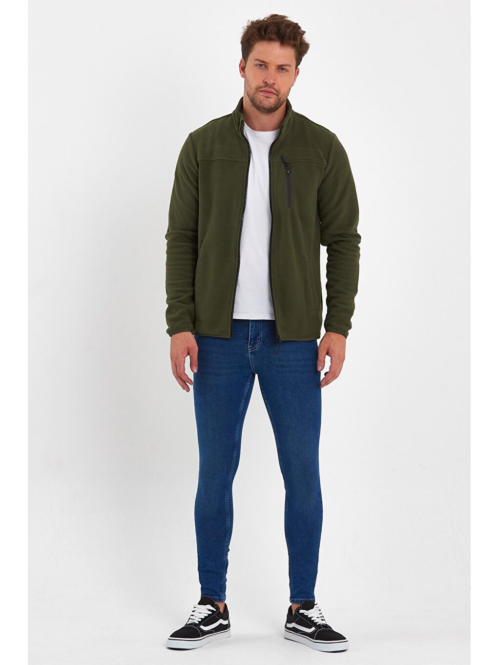 Haki Mikro Polar Dik Yaka  Erkek Fermuarlı Sweatshirt Hırka-1