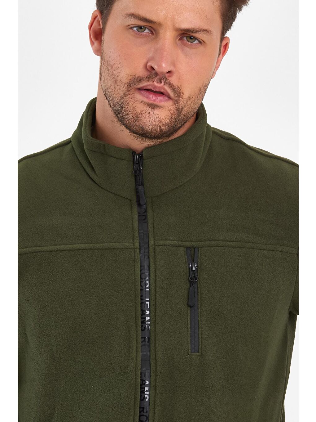 Haki Mikro Polar Dik Yaka  Erkek Fermuarlı Sweatshirt Hırka-2