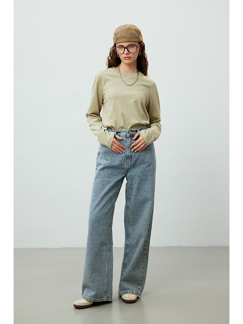 Bej Uzun Kol Fit Pamuklu Tshırt Taş-2