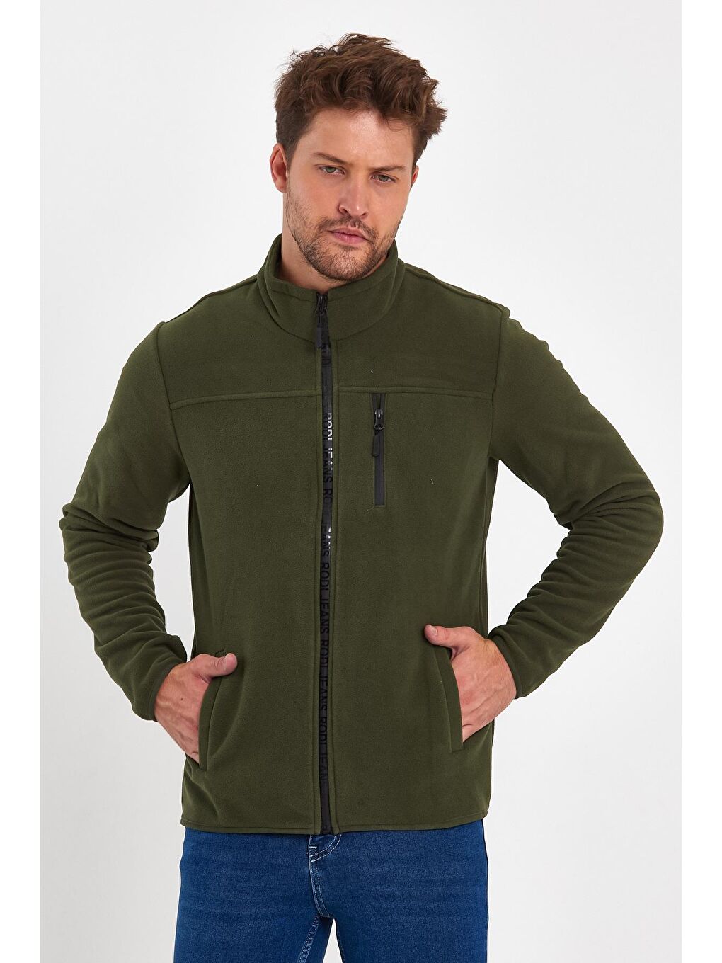 Haki Mikro Polar Dik Yaka  Erkek Fermuarlı Sweatshirt Hırka-3