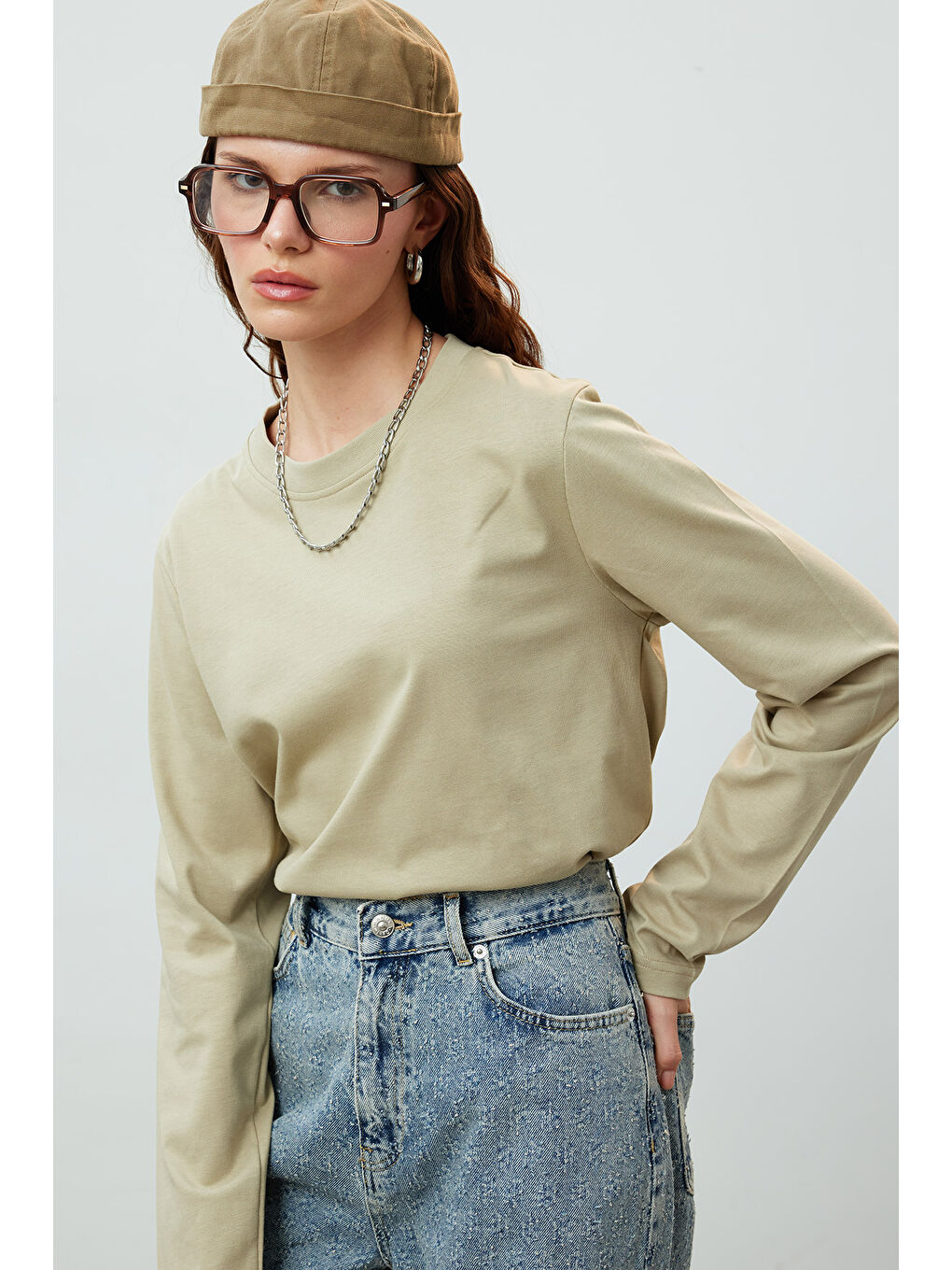 Bej Uzun Kol Fit Pamuklu Tshırt Taş-4