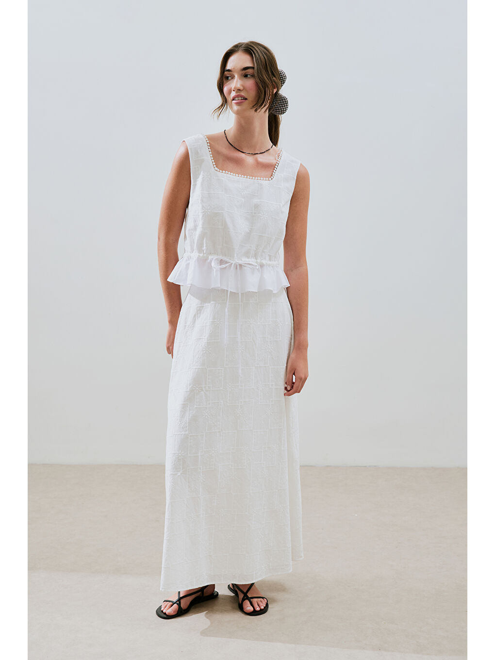 Nakışlı Midi Etek Ekru-3