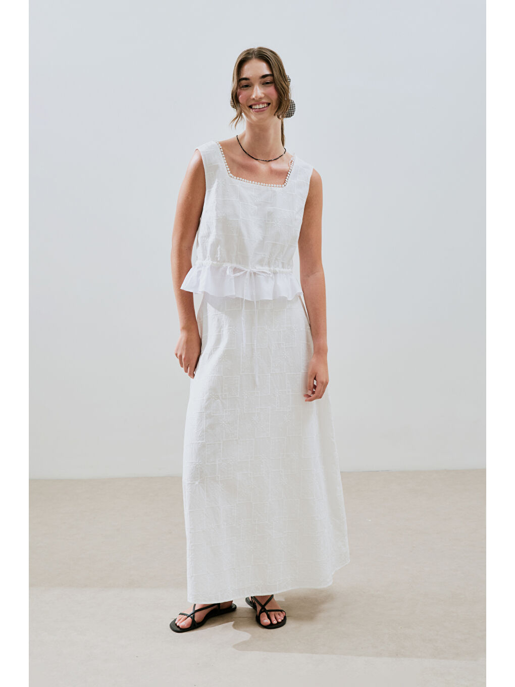 Nakışlı Midi Etek Ekru-4