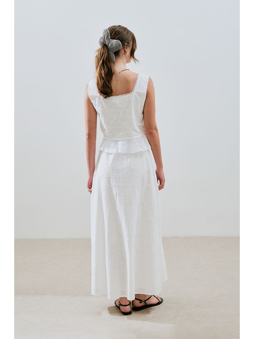 Nakışlı Midi Etek Ekru-6