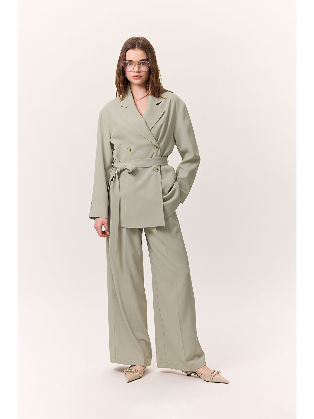 Dökümlü Pileli Pantolon Soft Yeşil-2