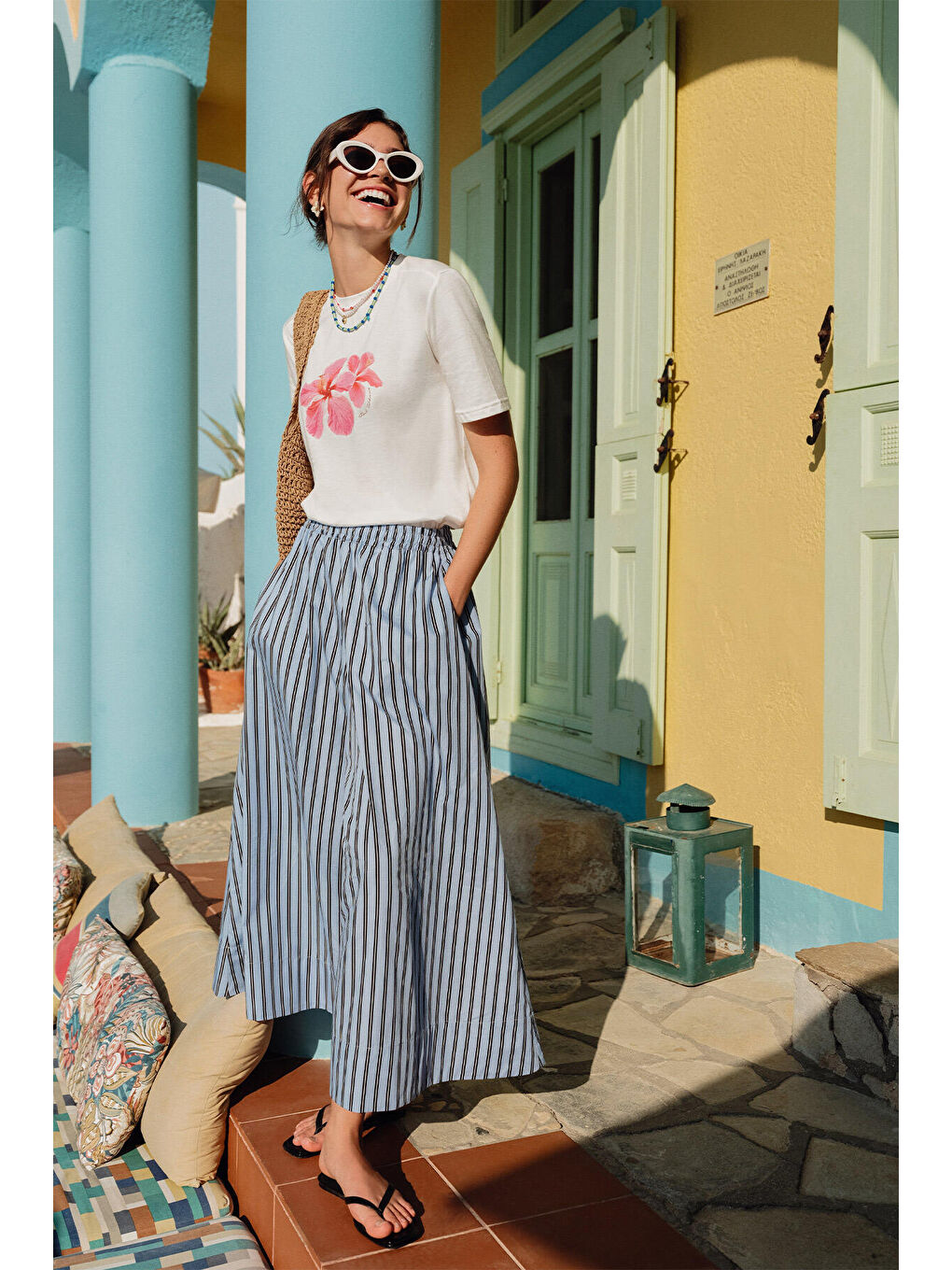 Çizgili Pamuklu Pantolon Mavi Çizgi