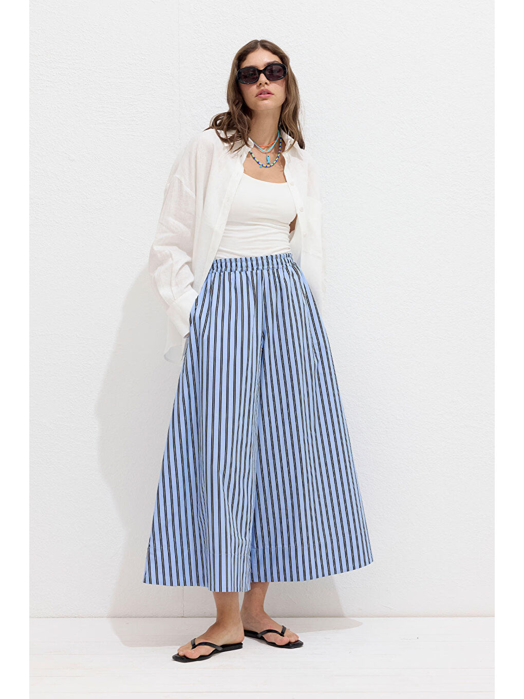 Çizgili Pamuklu Pantolon Mavi Çizgi-1