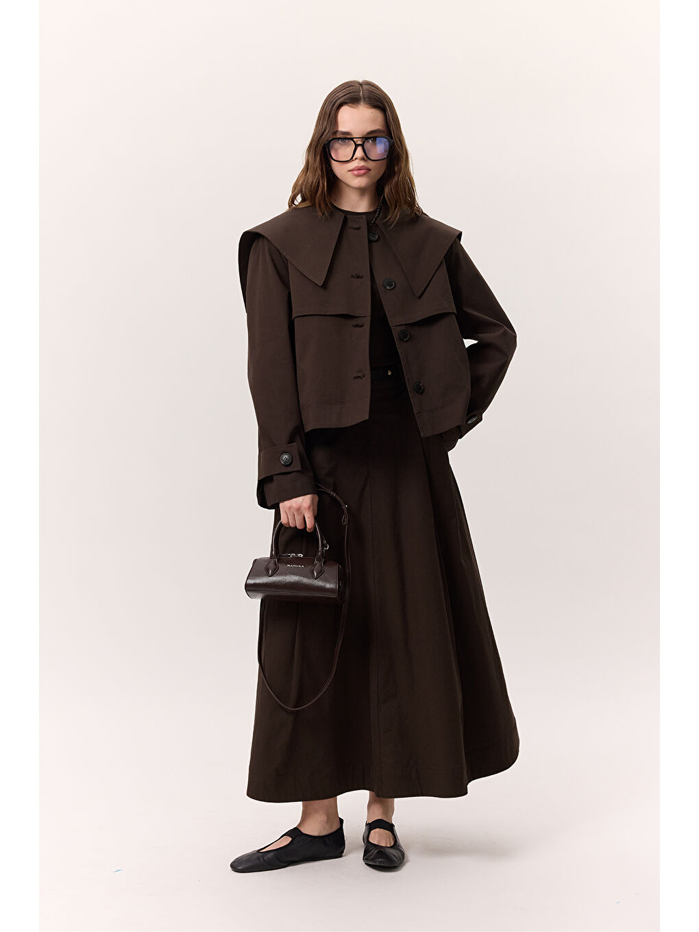 Cep Detaylı Geniş Etek Kahverengi