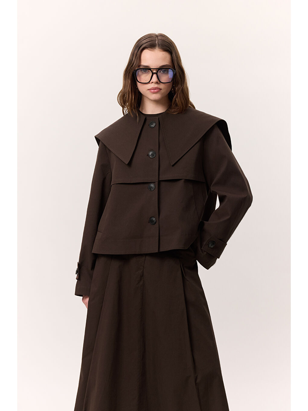 Cep Detaylı Geniş Etek Kahverengi-3