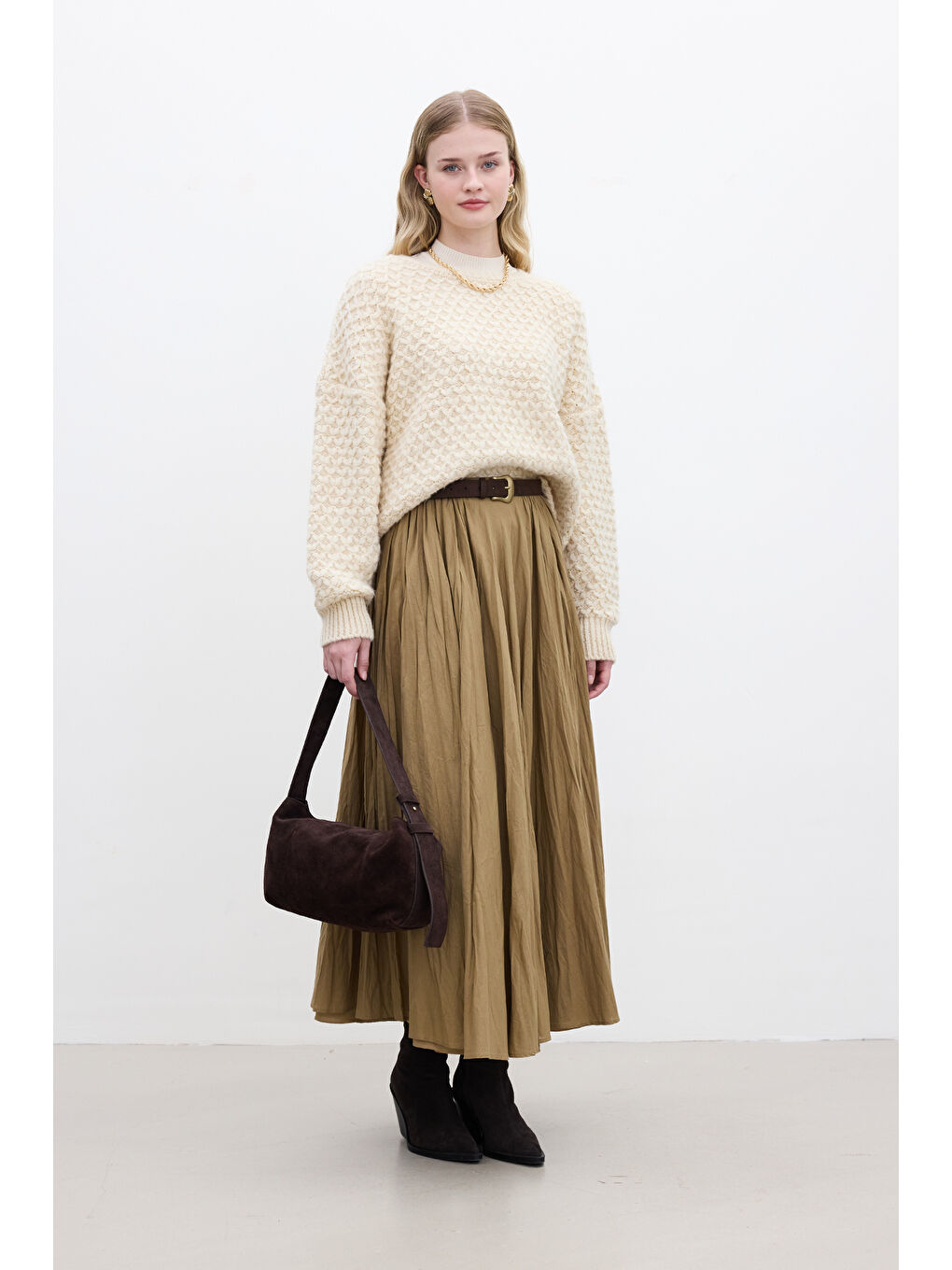 Desenli Örgü Triko Kazak Bej-1