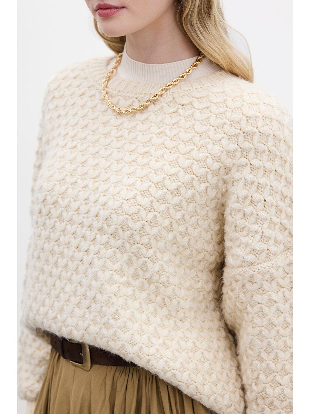 Desenli Örgü Triko Kazak Bej-2