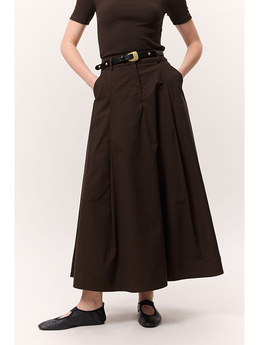 Cep Detaylı Geniş Etek Kahverengi-6