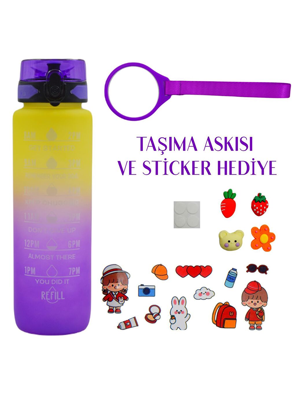 BottleBoss Mor Renk Geçişli Sızdırmaz Kapak Motivasyon Matarası 1 Litre Sticker HEDİYELİ Mor (BB-899591) - 1