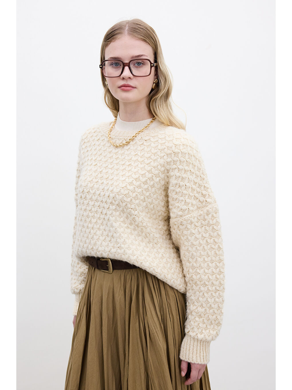 Desenli Örgü Triko Kazak Bej-4